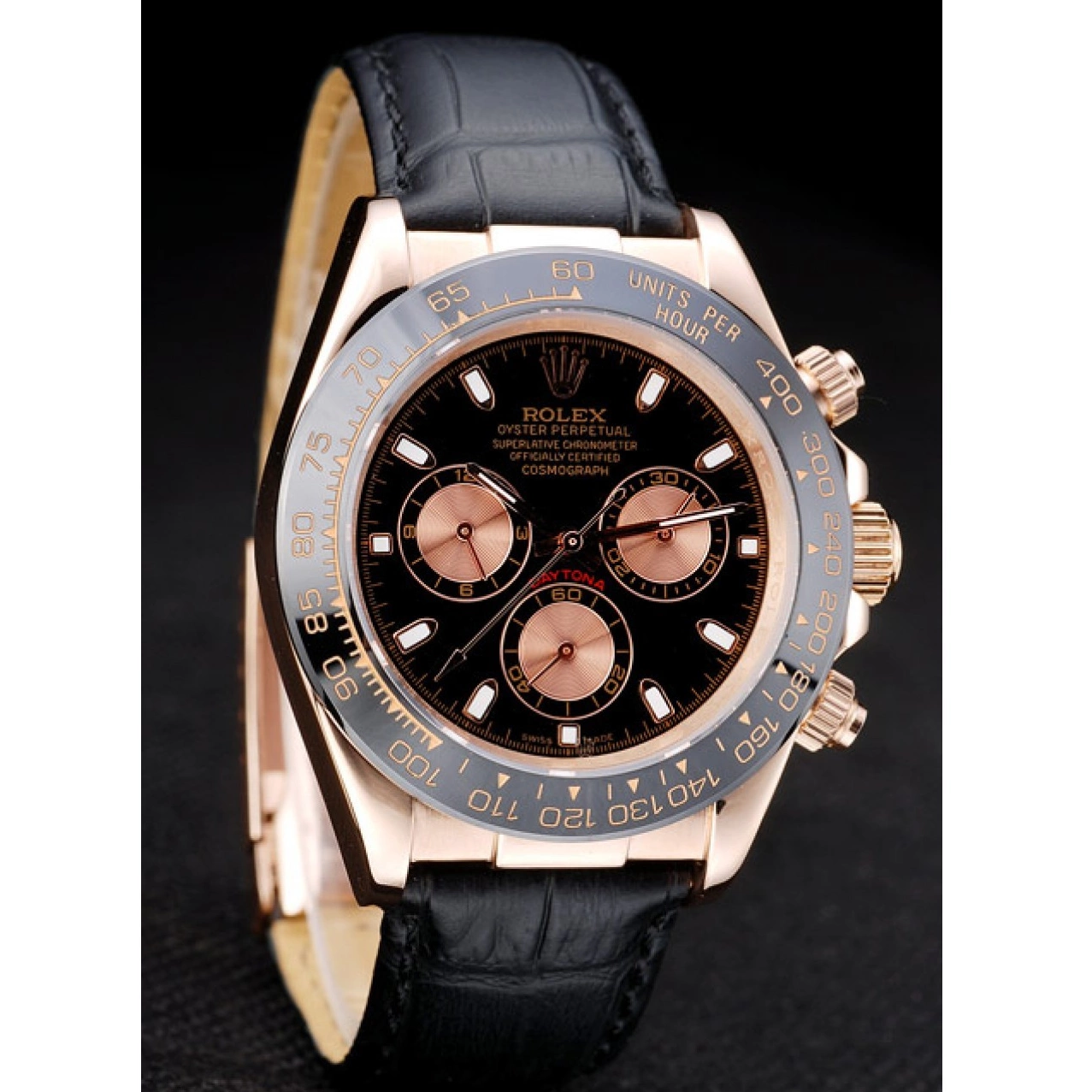 AAA Replica Watches Dial Daytona Black Gold Black Case Leather Rose Strap Rolex 0817